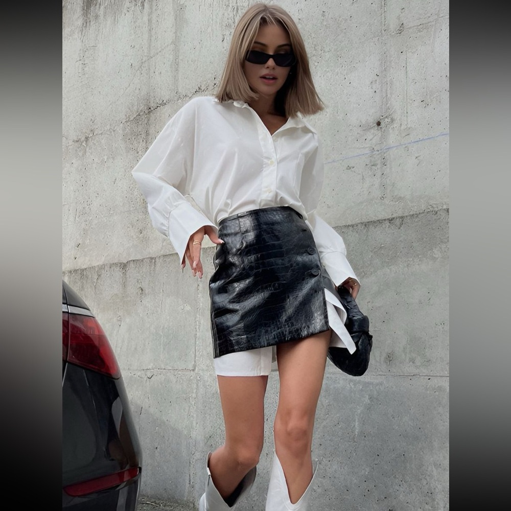 Brand New Casual Solid shirt with Faux Leather Mini Skirt Set